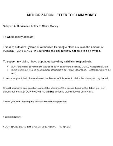 authorization letter to claim money in ayuda